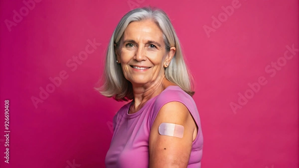 Fototapeta Positive senior female showing arm with patch after vaccination from COVID on pink background and looking at camera
