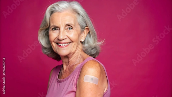 Fototapeta Positive senior female showing arm with patch after vaccination from COVID on pink background and looking at camera
