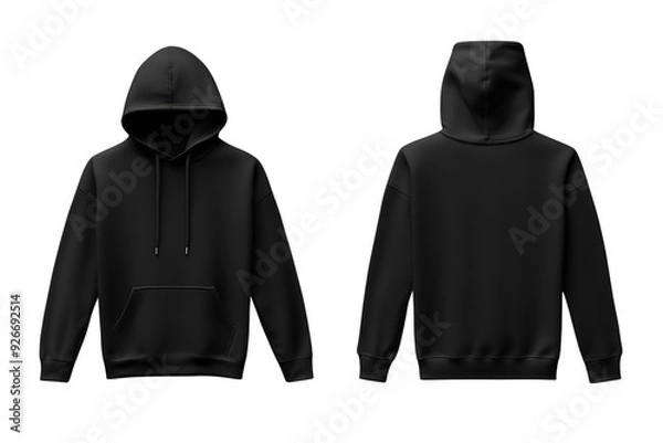 Fototapeta Classic black hoddie displayed front and back view isolated on white background 