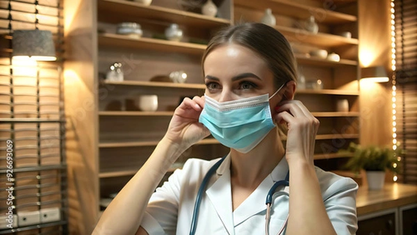 Fototapeta Side view of serious female nurse in uniform putting on medical mask before work while standing in clinic during coronavirus epidemic and looking away
