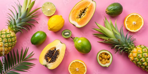 Fototapeta Top view creative layout with exotic summer fruits: papaya, pineapple, lime, yellow mango and passion fruit on pink background

