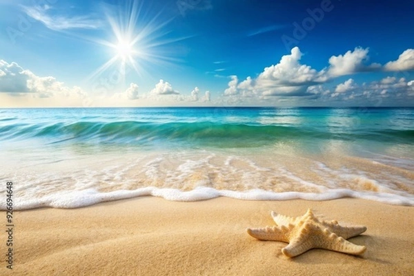 Fototapeta A serene beach scene with a calm ocean, bright blue sky, white clouds, and a starfish on the golden sand symbolizing peace, relaxation, vacation, summer, and paradise.