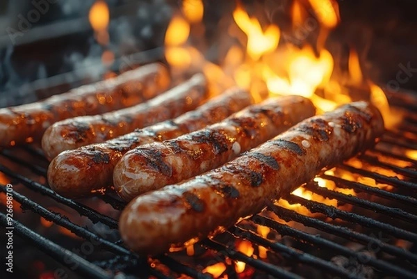 Fototapeta sizzling sausages on flaming barbecue grill closeup view blurred outdoor setting visible flames and smoke appetizing summer cookout scene