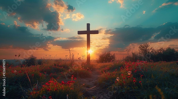 Fototapeta Crucifixion of Jesus Christ at sunset on the cross symbolizing faith hope and redemption with a dramatic sky