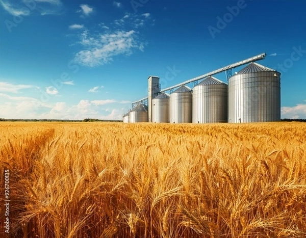 Fototapeta Golden wheat field and grain silos under blue sky