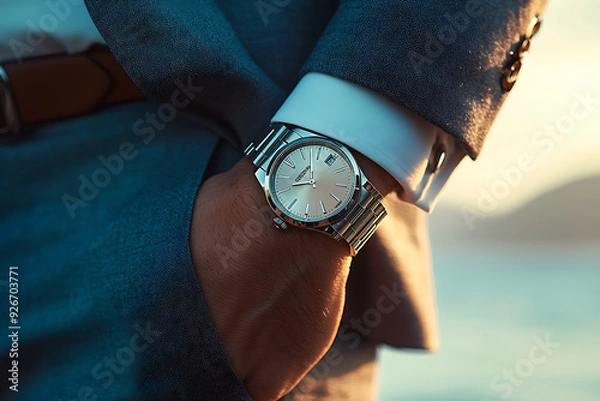 Fototapeta A man in a business suit checking a wrist watch on his hand on background 