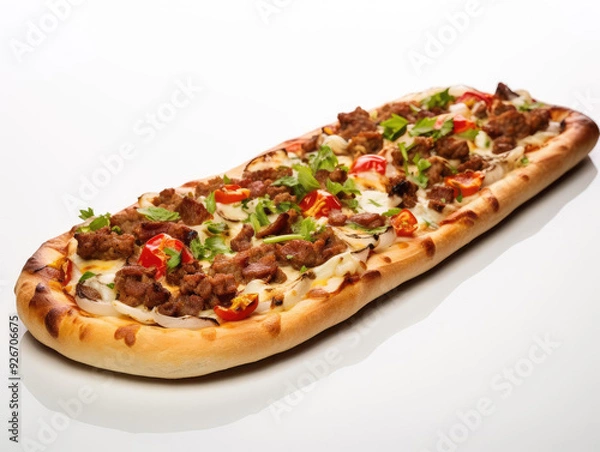 Fototapeta Delicious freshly baked flatbread topped with savory meat, vegetables, and herbs, perfect for sharing or personal enjoyment.