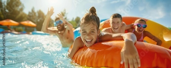 Fototapeta Family enjoying a thrilling ride on a water slide with inflatable tubes.