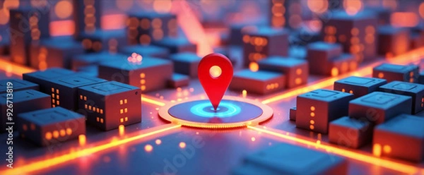 Fototapeta Futuristic Red Digital Marker Illustration: Locating Accurately in a 3D Neon Illuminated Metropolis.