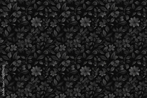 Obraz black floral seamless wallpaper featuring detailed monochrome flower and leaf pattern tile, perfect for adding a touch of elegance and sophistication, textile, fabric, backdrop