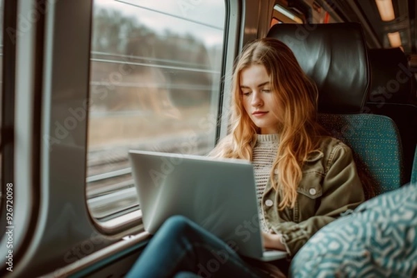 Fototapeta Young woman working on her laptop while traveling on a train, focused and productive in a comfortable setting