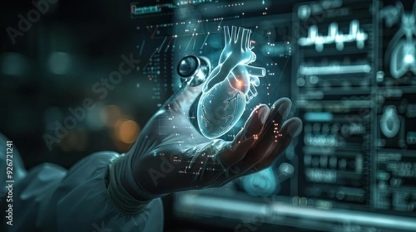 Fototapeta Medical professional using digital stethoscope on virtual interface, showing real-time diagnosis of heart and skin health.