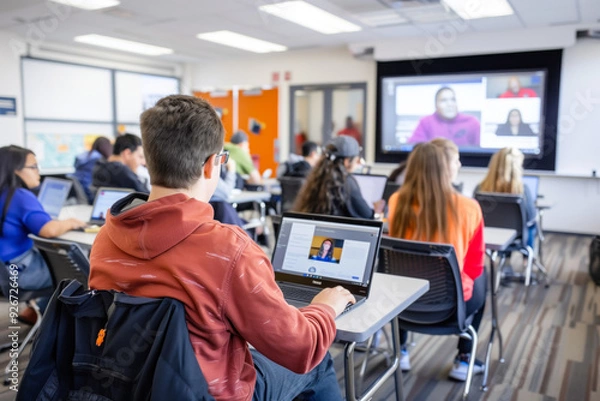 Obraz Modern classroom with students in online lecture