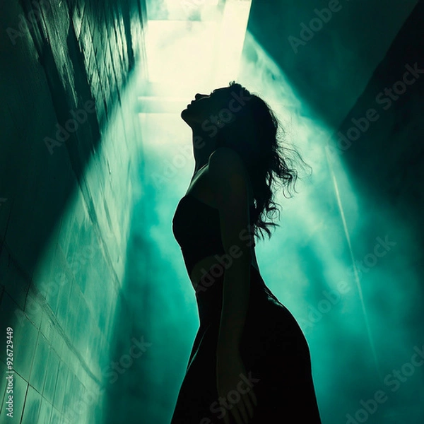 Fototapeta Attractive female model posing in profile, against a dark and bright backlit backdrop.