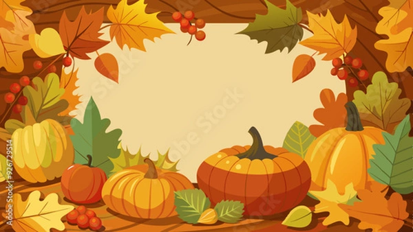 Fototapeta Thanksgiving background with pumpkins, autumn leaves, and berries on beige backdrop with copy space