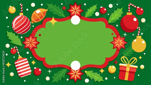 Fototapeta Christmas background with gifts, ornaments, and stars on green and red background with copy space