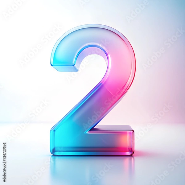 Fototapeta Pink and blue mixed gradient, number 2, octane render,transparent glass texture,frosted glass,transparent technology sense, industrial design,white background,minimal