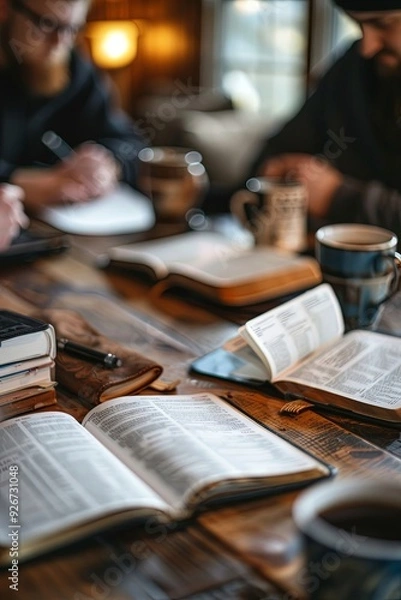 Fototapeta A small group of friends studying the Bible together at a kitchen table, notebooks and coffee cups around, fellowship, learning, the joy of shared faith in a warm home setting banner with copyspace