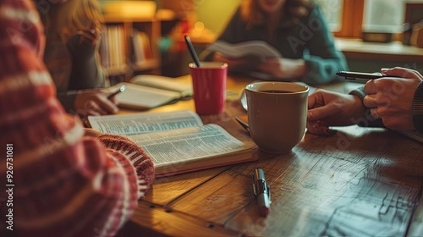 Fototapeta A small group of friends studying the Bible together at a kitchen table, notebooks and coffee cups around, fellowship, learning, the joy of shared faith in a warm home setting banner with copyspace