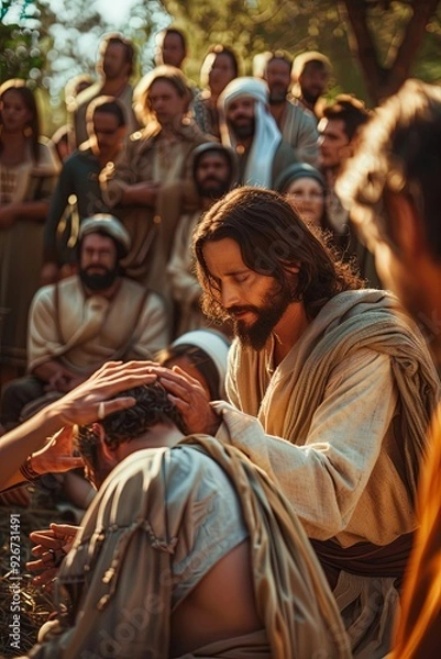 Fototapeta Jesus Christ gently laying hands on a sick person, expressions of hope and compassion, serene outdoor setting with a crowd watching, healing, divine love, and the power of faith, banner with copyspace