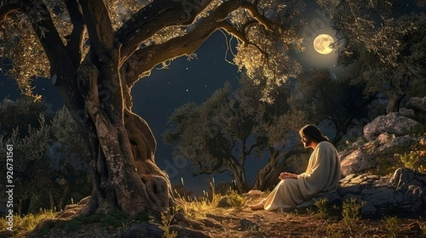 Fototapeta Jesus Christ praying in the Garden of Gethsemane, surrounded by olive trees, moonlight casting a serene glow, a moment of deep faith, contemplation, and spiritual connection, banner
