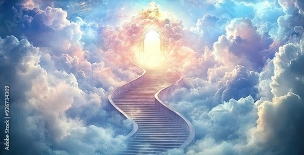 Obraz A path of light leads upwards through the clouds towards a heavenly gate.
