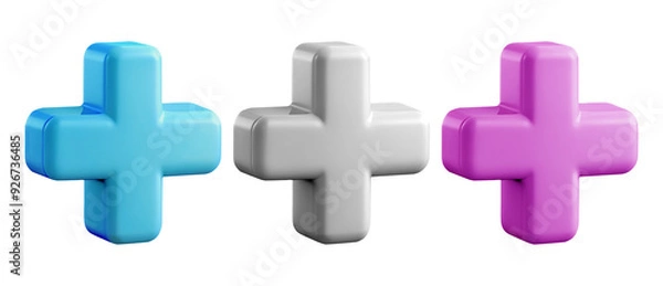 Obraz 3D icon with a cross. Three crosses - white, pink and blue on a transparent background. 