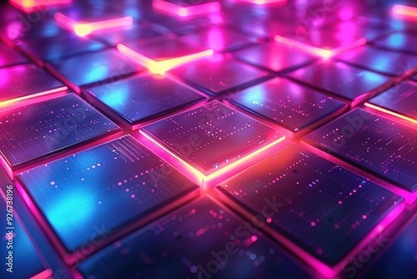 Fototapeta abstract neon light background, glowing panels in ultraviolet light, futuristic power generating technology