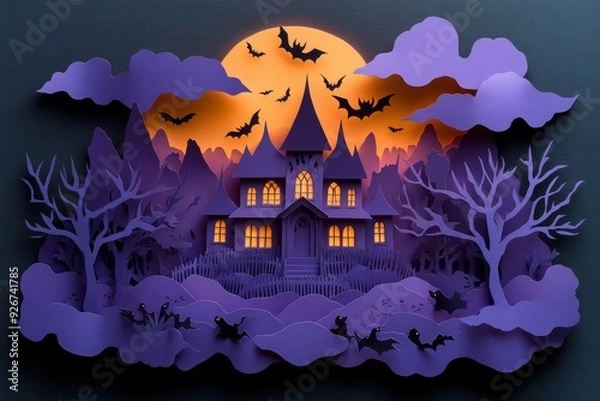 Obraz Paper Art Haunted House with Bats and Ghosts