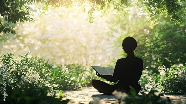 Fototapeta A tranquil garden with the silhouette of a person reading or meditating, with a significant amount of open space for text and other elements. High resolution 8K