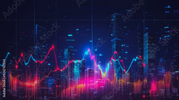 Fototapeta Abstract with pastel colorful charts and graphs with statistics to analyze business potential and forecast future development of companies growth. with city skyline and modern building background