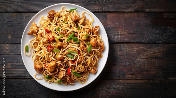 Fototapeta Teriyaki chicken and udon noodles stir-fry with green onions, chili peppers and sesame seeds on a wooden table plate