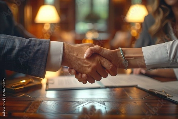 Fototapeta Close-up of Professional Handshake Between Business Partners in Elegant Office Setting with Warm Lighting and Background Focus on Documents, Symbolizing Agreement and Trust.handshake