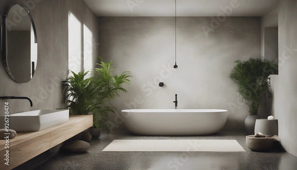 Fototapeta A minimalist bathroom with a focus on natural materials, featuring a large stone sink and a rainfall