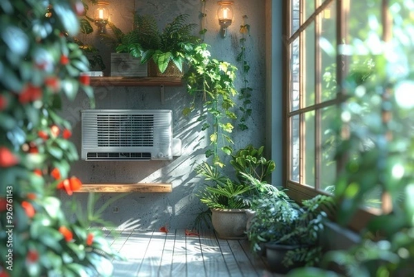 Obraz Sunlit Room with Air Conditioner, Wooden Shelves, Lush Indoor Plants, and Natural Light Flowing Through Large Windows Creating a Cozy AtmosphereSunlit room