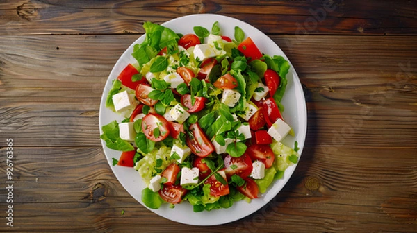 Fototapeta Vibrant greek salad with fresh ingredients on a rustic table, perfect for a healthy meal or snack. Top view with copy space for design projects. Enjoy the delicious flavors and textures!