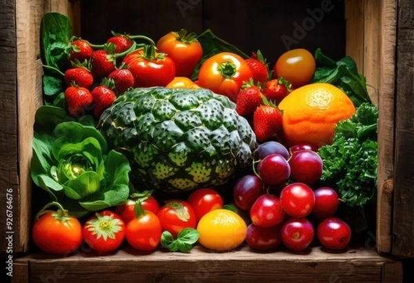 Obraz vibrant assortment fresh produce featuring colorful crisp lush greens arranged aesthetically bountiful display, fruits, vegetables, healthy, organic, market