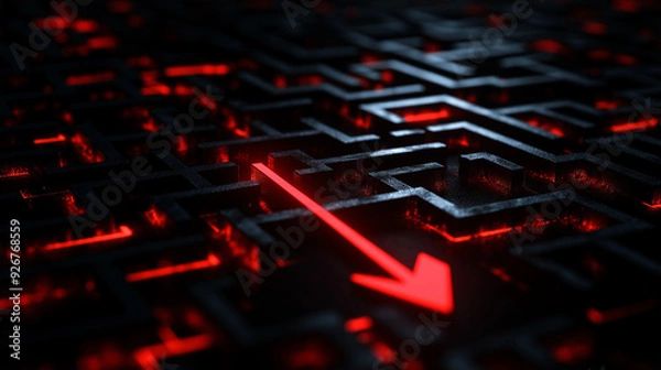 Fototapeta A bright red arrow navigating the intricate corners of a black maze, emphasizing the search for the right path