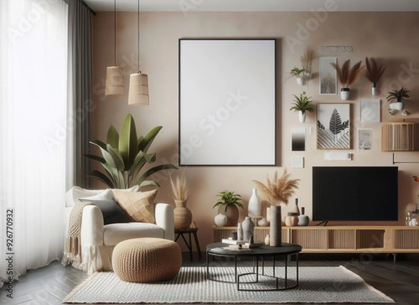 Fototapeta Poster frame mock-up in home interior background, living room in beige and brown colors. Generative Image