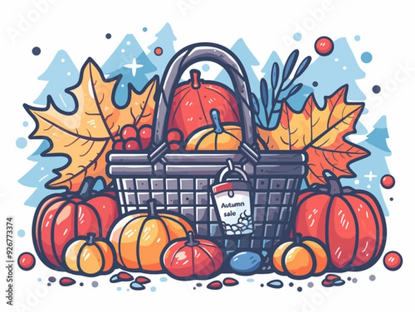 Fototapeta Autumn sale banner with shopping basket and pumpkins. Vector illustration