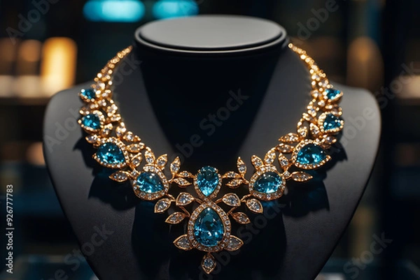 Obraz a gold necklace along with other necklaces at a jewelry store. the lighting is warm and the cloth below the necklace is red in color.