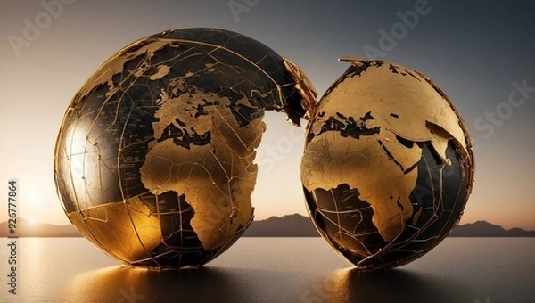 Fototapeta Golden cracked globes with a map of the world on reflective surface.