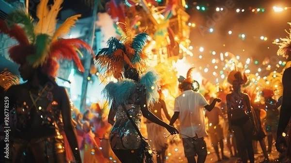 Fototapeta A vibrant celebration with parades of colorful floats, people dressed in feathers and sequins, dancing to the rhythm of drums and live music on a festive street