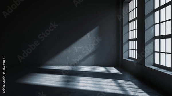 Fototapeta Dark concrete room with a large window, casting striking shadow patterns sunlight on the floor. The interplay of light and shadow creates a dramatic contrast, enhancing the minimalist, moody ambiance.