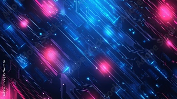 Fototapeta Digital technology electronic chip on a pink and blue background concept featuring CPU RAM memory microprocessor computer electric hardware Cyber future futuristic theme with abstract big