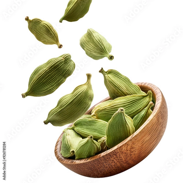 Obraz Falling Cardamom Fruits Isolated on White Background