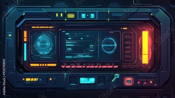 Fototapeta Futuristic FUI display screen frame with information fields User interface design for a scifi game with modern technological elements for a HUDstyle game Isolated illustration