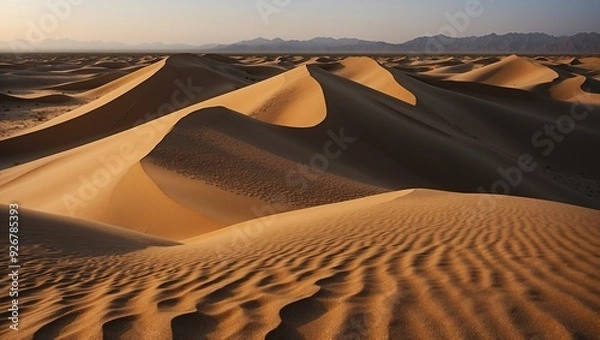 Obraz Expansive desert landscape with golden sand dunes under a clear sky.