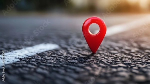 Fototapeta Red GPS pin on an asphalt highway background