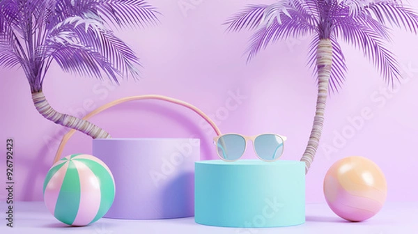 Fototapeta A purple background with palm trees, a ball, sunglasses, and two cylinders.